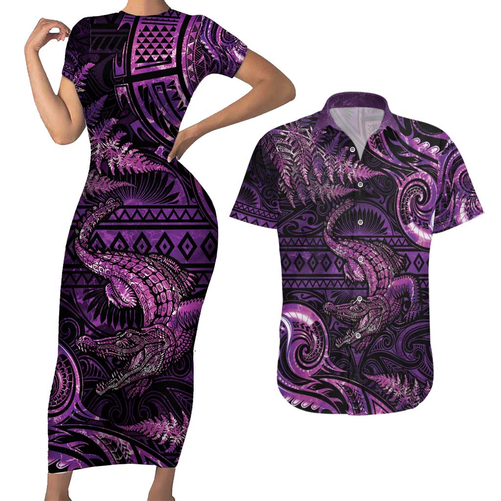 Aotearoa New Zealand Crocodile Couples Matching Short Sleeve Bodycon Dress and Hawaiian Shirt Silver Fern Maori Pattern