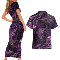 Aotearoa New Zealand Crocodile Couples Matching Short Sleeve Bodycon Dress and Hawaiian Shirt Silver Fern Maori Pattern
