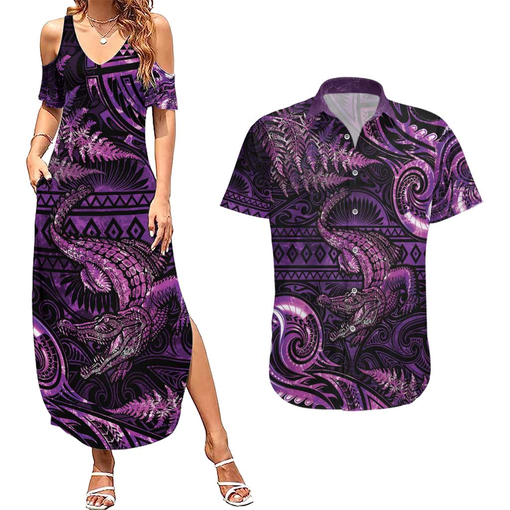 Aotearoa New Zealand Crocodile Couples Matching Summer Maxi Dress and Hawaiian Shirt Silver Fern Maori Pattern