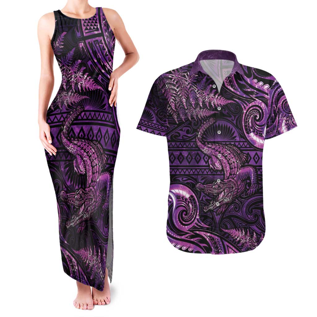 Aotearoa New Zealand Crocodile Couples Matching Tank Maxi Dress and Hawaiian Shirt Silver Fern Maori Pattern