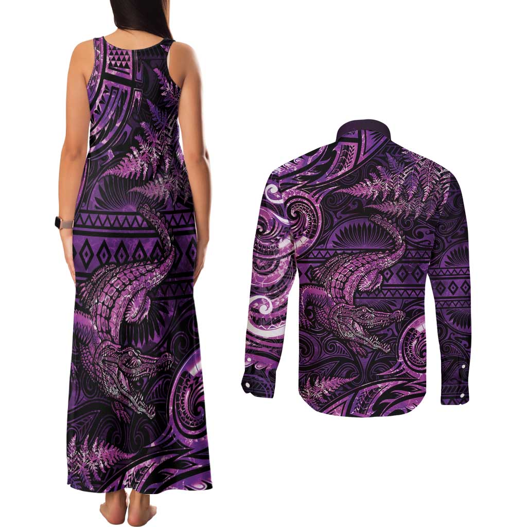 Aotearoa New Zealand Crocodile Couples Matching Tank Maxi Dress and Long Sleeve Button Shirt Silver Fern Maori Pattern