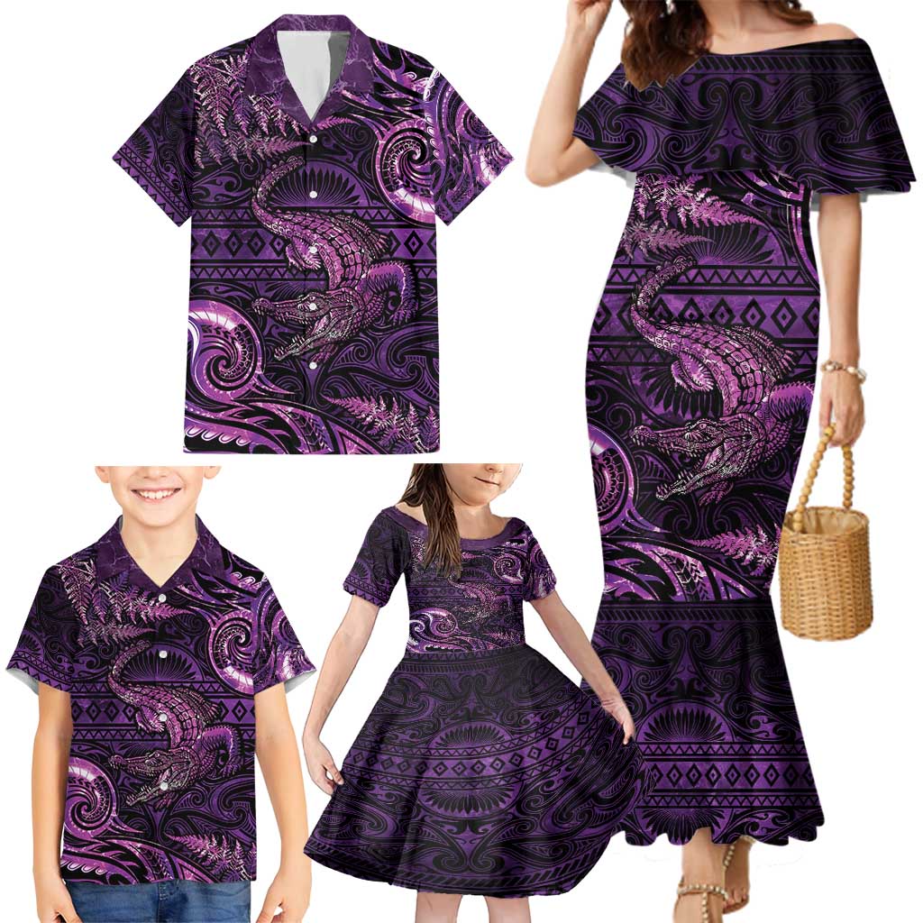 Aotearoa New Zealand Crocodile Family Matching Mermaid Dress and Hawaiian Shirt Silver Fern Maori Pattern LT05 - Polynesian Pride