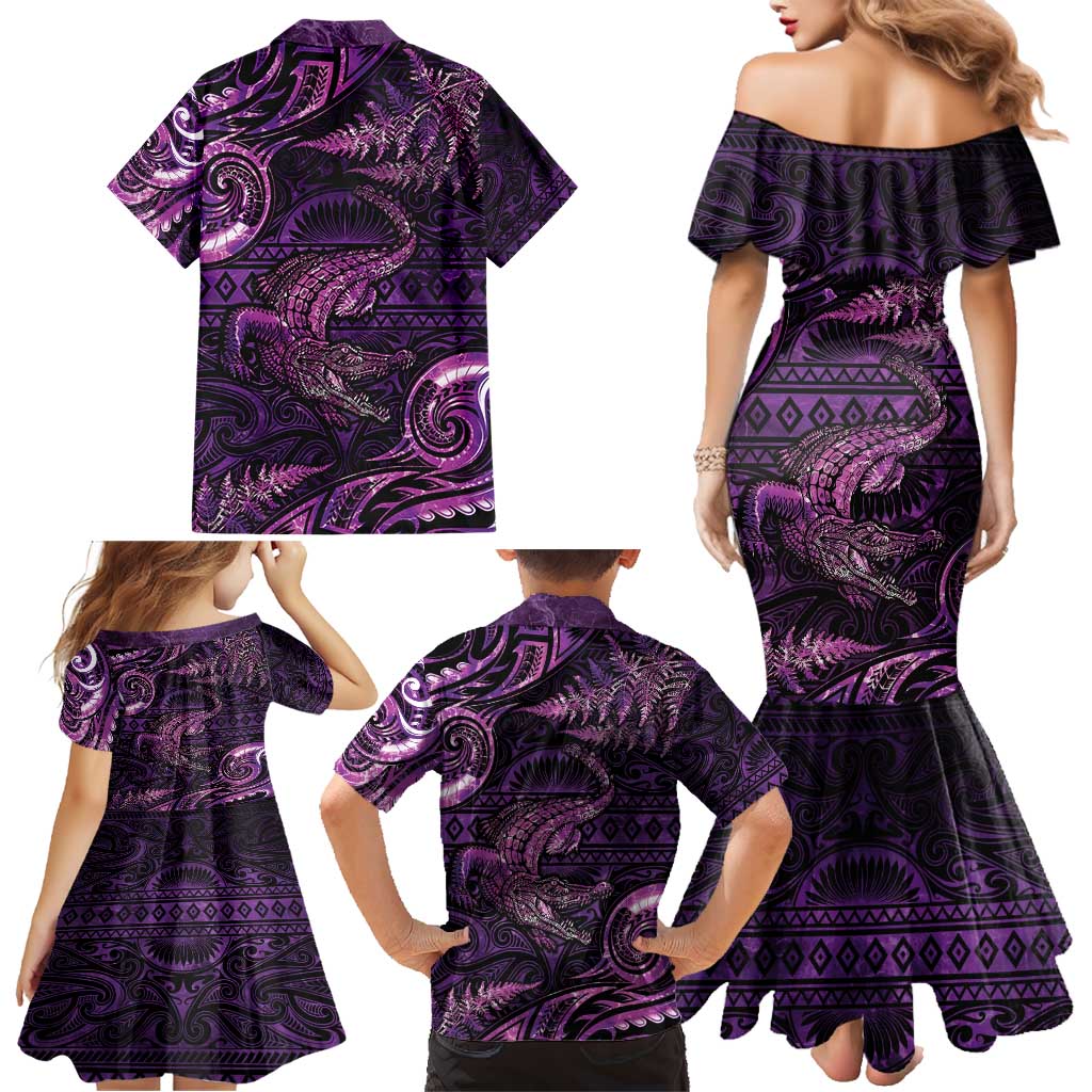 Aotearoa New Zealand Crocodile Family Matching Mermaid Dress and Hawaiian Shirt Silver Fern Maori Pattern LT05 - Polynesian Pride