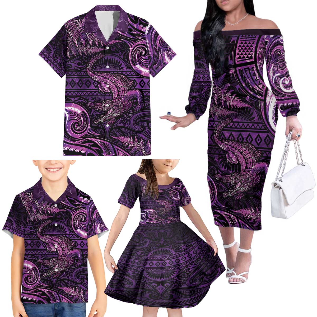 Aotearoa New Zealand Crocodile Family Matching Off The Shoulder Long Sleeve Dress and Hawaiian Shirt Silver Fern Maori Pattern