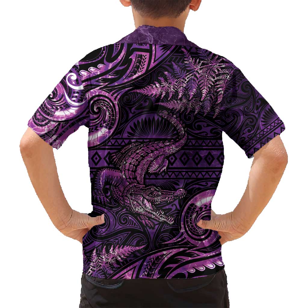 Aotearoa New Zealand Crocodile Family Matching Off Shoulder Maxi Dress and Hawaiian Shirt Silver Fern Maori Pattern LT05 - Polynesian Pride