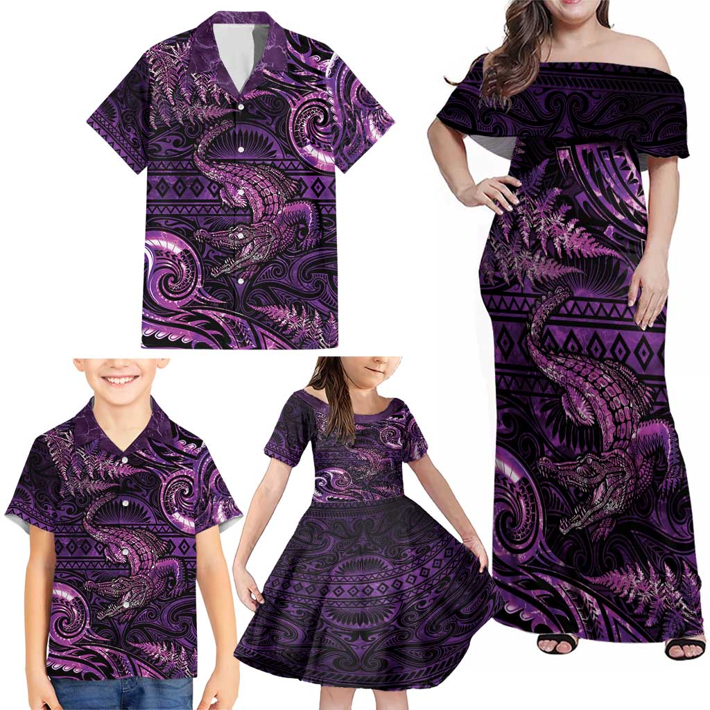 Aotearoa New Zealand Crocodile Family Matching Off Shoulder Maxi Dress and Hawaiian Shirt Silver Fern Maori Pattern