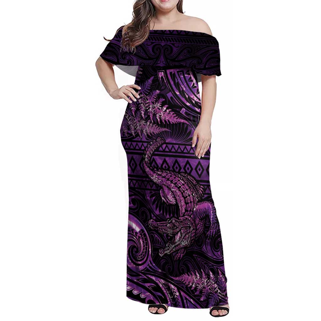 Aotearoa New Zealand Crocodile Family Matching Off Shoulder Maxi Dress and Hawaiian Shirt Silver Fern Maori Pattern LT05 Mom's Dress Purple - Polynesian Pride