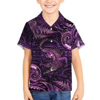 Aotearoa New Zealand Crocodile Family Matching Off Shoulder Maxi Dress and Hawaiian Shirt Silver Fern Maori Pattern LT05 Son's Shirt Purple - Polynesian Pride