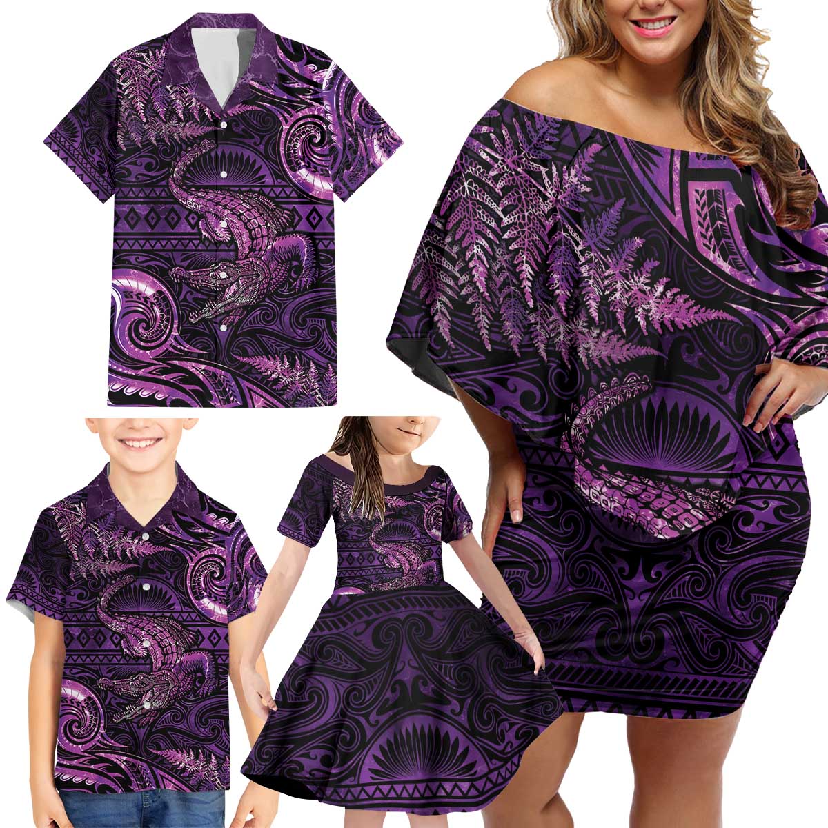 Aotearoa New Zealand Crocodile Family Matching Off Shoulder Short Dress and Hawaiian Shirt Silver Fern Maori Pattern