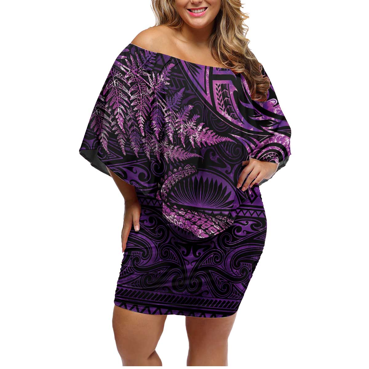 Aotearoa New Zealand Crocodile Family Matching Off Shoulder Short Dress and Hawaiian Shirt Silver Fern Maori Pattern LT05 Mom's Dress Purple - Polynesian Pride