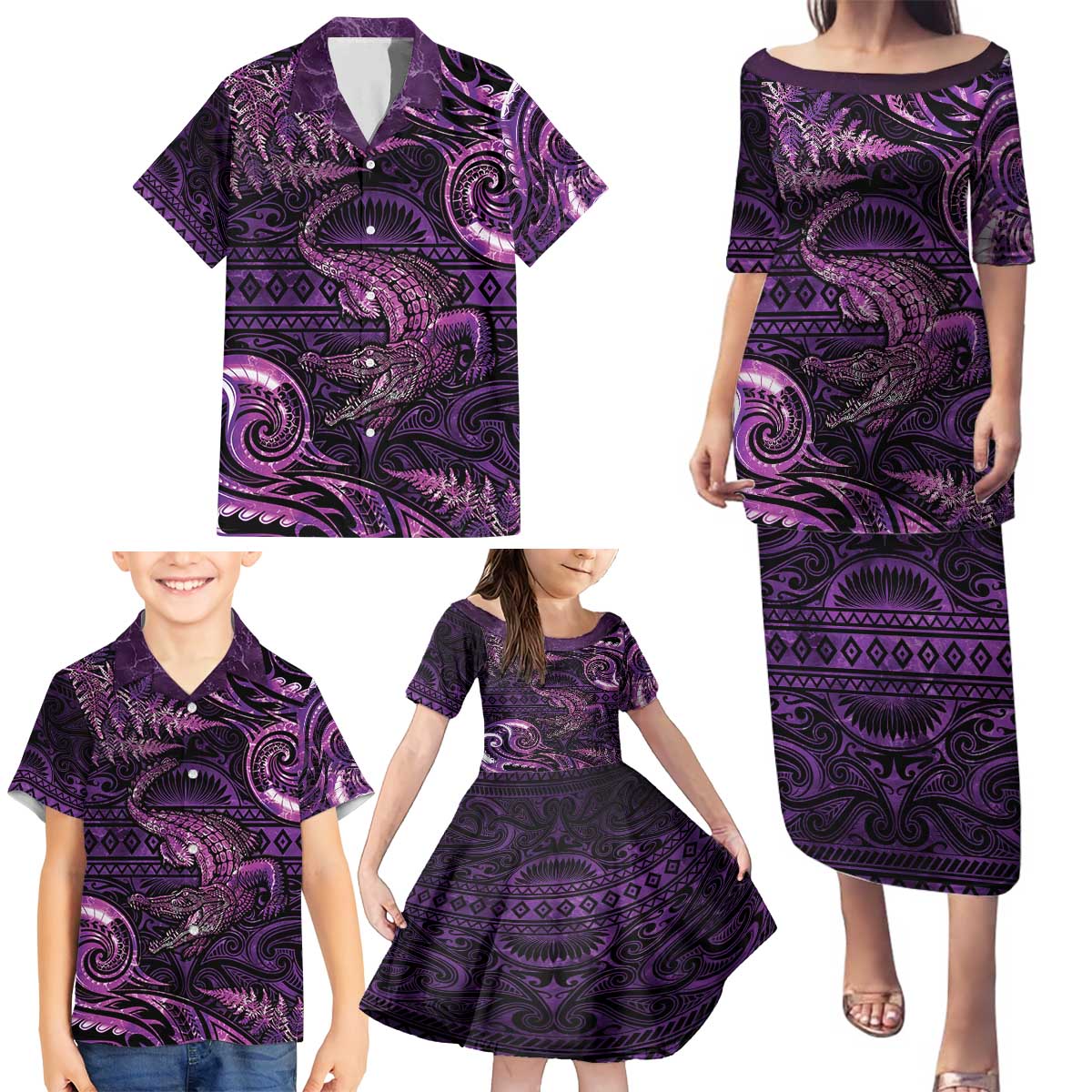 Aotearoa New Zealand Crocodile Family Matching Puletasi and Hawaiian Shirt Silver Fern Maori Pattern