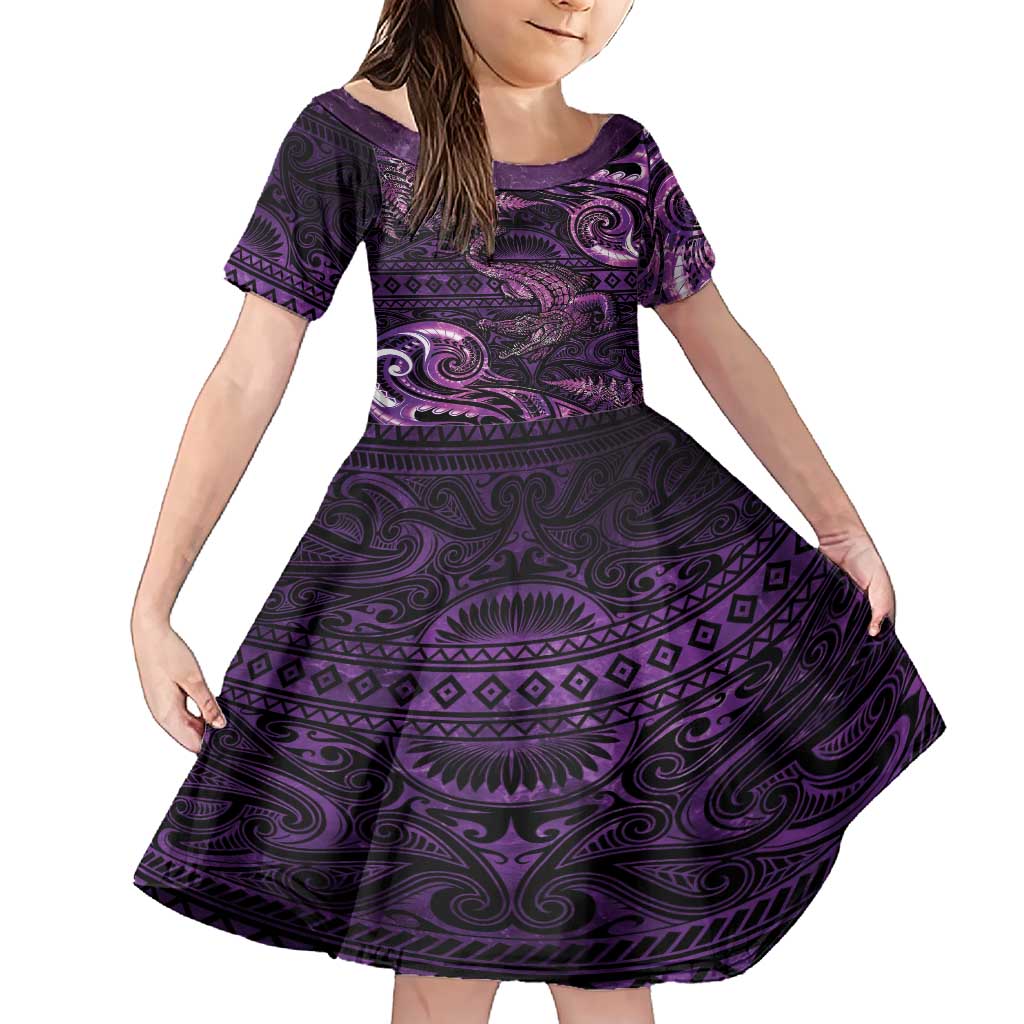 Aotearoa New Zealand Crocodile Family Matching Short Sleeve Bodycon Dress and Hawaiian Shirt Silver Fern Maori Pattern LT05 Daughter's Dress Purple - Polynesian Pride