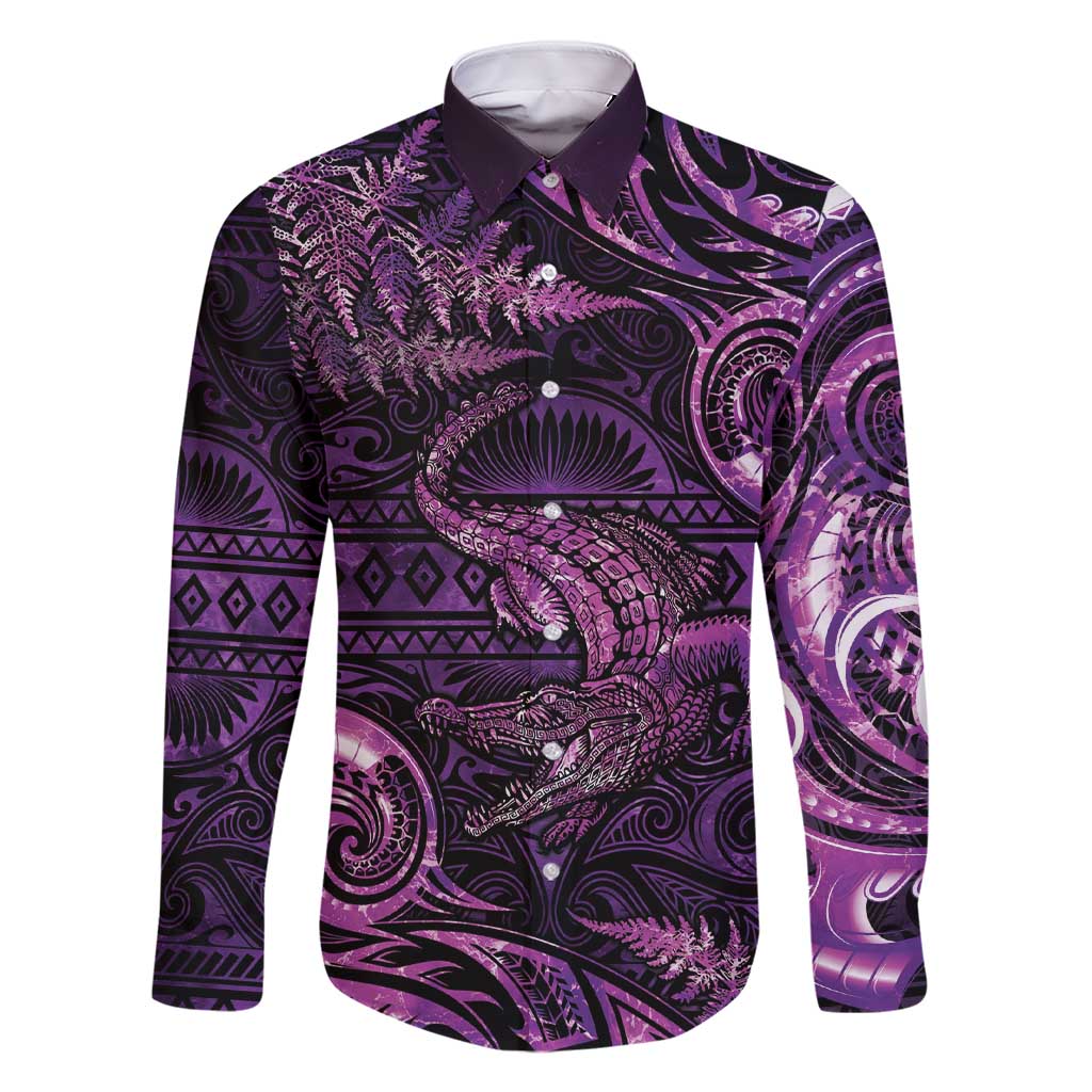 Aotearoa New Zealand Crocodile Family Matching Short Sleeve Bodycon Dress and Hawaiian Shirt Silver Fern Maori Pattern LT05 Dad's Shirt - Long Sleeve Purple - Polynesian Pride