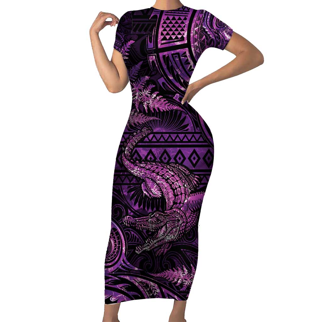 Aotearoa New Zealand Crocodile Family Matching Short Sleeve Bodycon Dress and Hawaiian Shirt Silver Fern Maori Pattern LT05 Mom's Dress Purple - Polynesian Pride