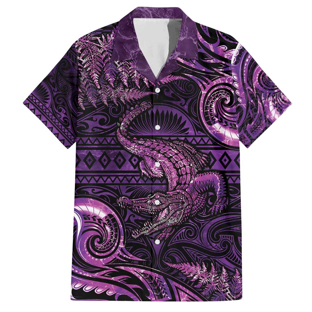 Aotearoa New Zealand Crocodile Family Matching Tank Maxi Dress and Hawaiian Shirt Silver Fern Maori Pattern LT05 Dad's Shirt - Short Sleeve Purple - Polynesian Pride