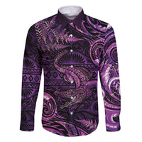 Aotearoa New Zealand Crocodile Family Matching Tank Maxi Dress and Hawaiian Shirt Silver Fern Maori Pattern LT05 Dad's Shirt - Long Sleeve Purple - Polynesian Pride