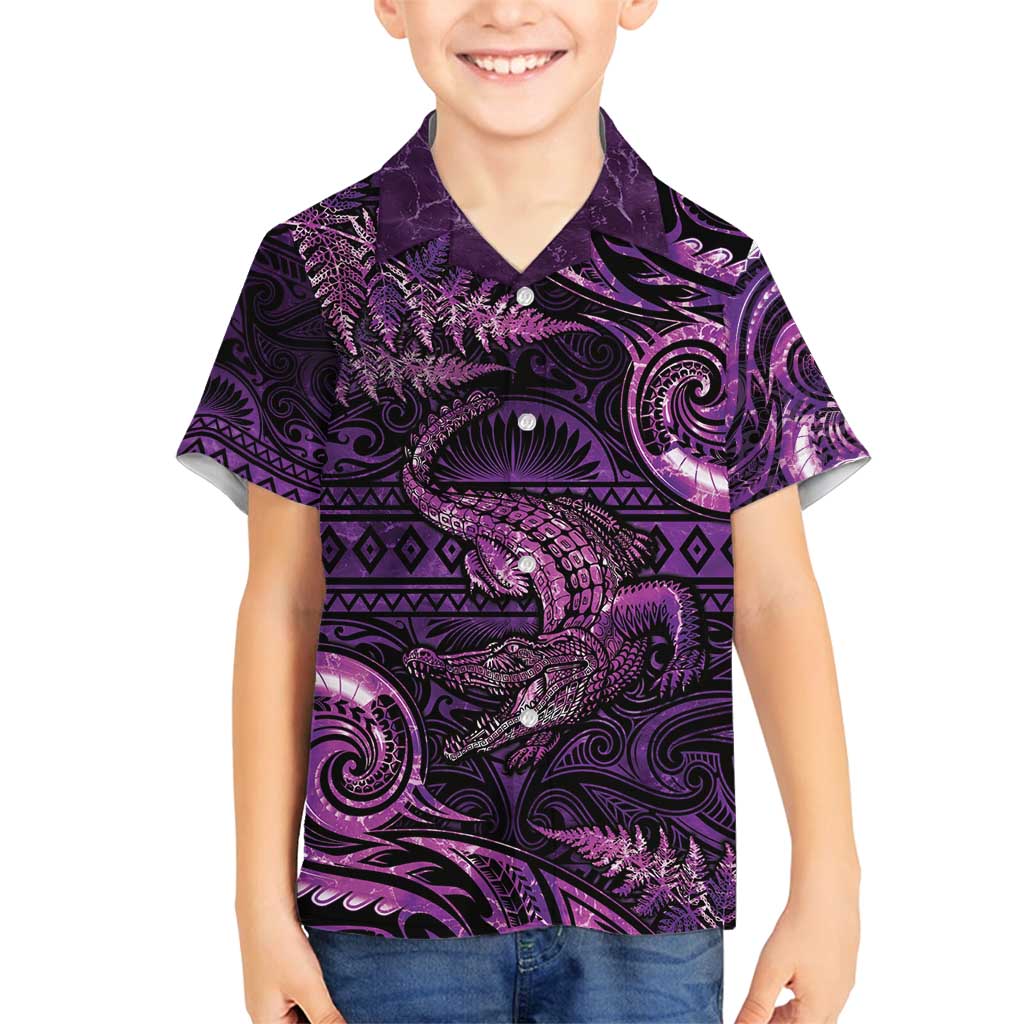 Aotearoa New Zealand Crocodile Family Matching Tank Maxi Dress and Hawaiian Shirt Silver Fern Maori Pattern LT05 Son's Shirt Purple - Polynesian Pride