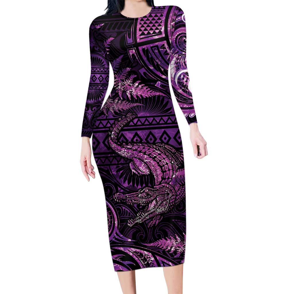 Aotearoa New Zealand Crocodile Long Sleeve Bodycon Dress Silver Fern Maori Pattern