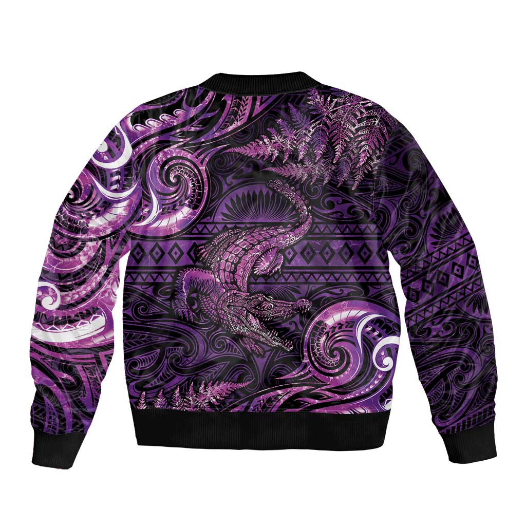 Aotearoa New Zealand Crocodile Sleeve Zip Bomber Jacket Silver Fern Maori Pattern