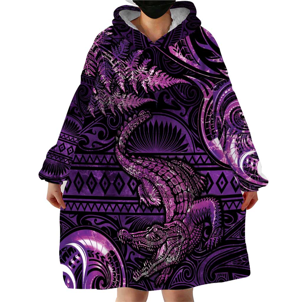 Aotearoa New Zealand Crocodile Wearable Blanket Hoodie Silver Fern Maori Pattern LT05 - Polynesian Pride