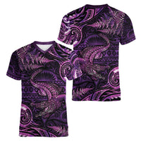 Aotearoa New Zealand Crocodile Women V-Neck T-Shirt Silver Fern Maori Pattern LT05 - Polynesian Pride