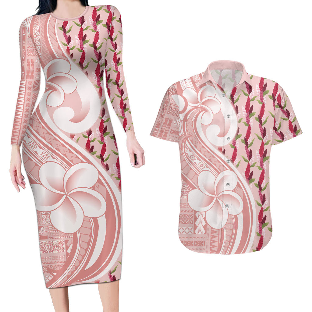 Samoa Teuila Couples Matching Long Sleeve Bodycon Dress and Hawaiian Shirt Pink Samoan Siapo Motifs LT05 Pink - Polynesian Pride