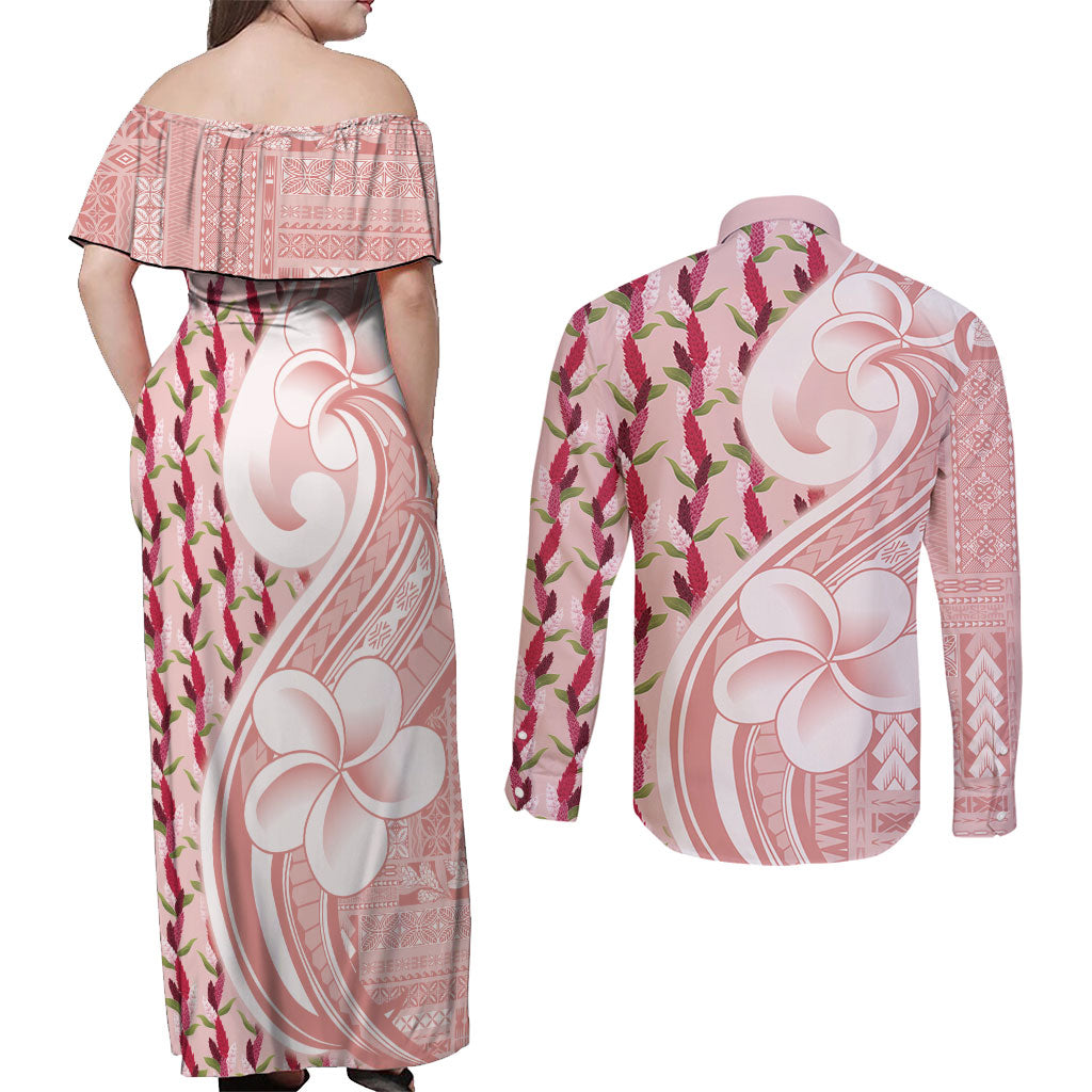 Samoa Teuila Couples Matching Off Shoulder Maxi Dress and Long Sleeve Button Shirt Pink Samoan Siapo Motifs