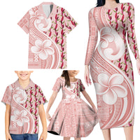 Samoa Teuila Family Matching Long Sleeve Bodycon Dress and Hawaiian Shirt Pink Samoan Siapo Motifs