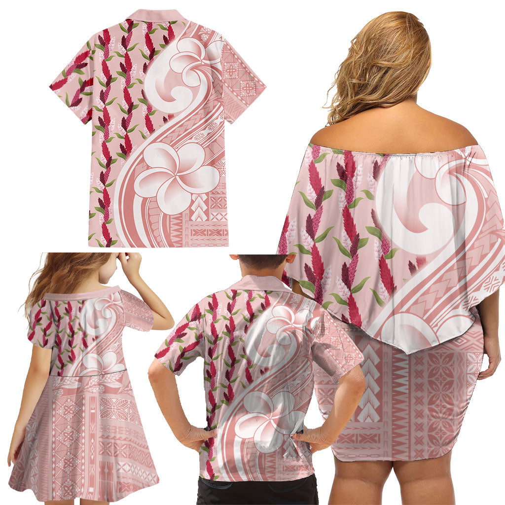 Samoa Teuila Family Matching Off Shoulder Short Dress and Hawaiian Shirt Pink Samoan Siapo Motifs