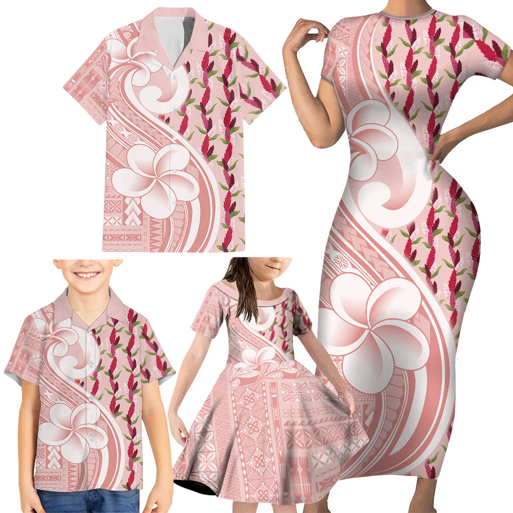 Samoa Teuila Family Matching Short Sleeve Bodycon Dress and Hawaiian Shirt Pink Samoan Siapo Motifs