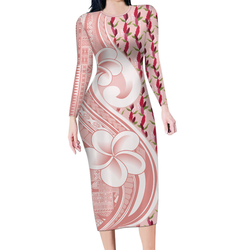 Samoa Teuila Long Sleeve Bodycon Dress Pink Samoan Siapo Motifs LT05 Long Dress Pink - Polynesian Pride