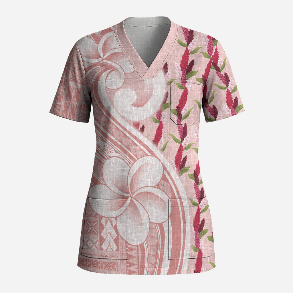 Samoa Teuila Scrub Top Pink Samoan Siapo Motifs LT05 Adult Pink - Polynesian Pride