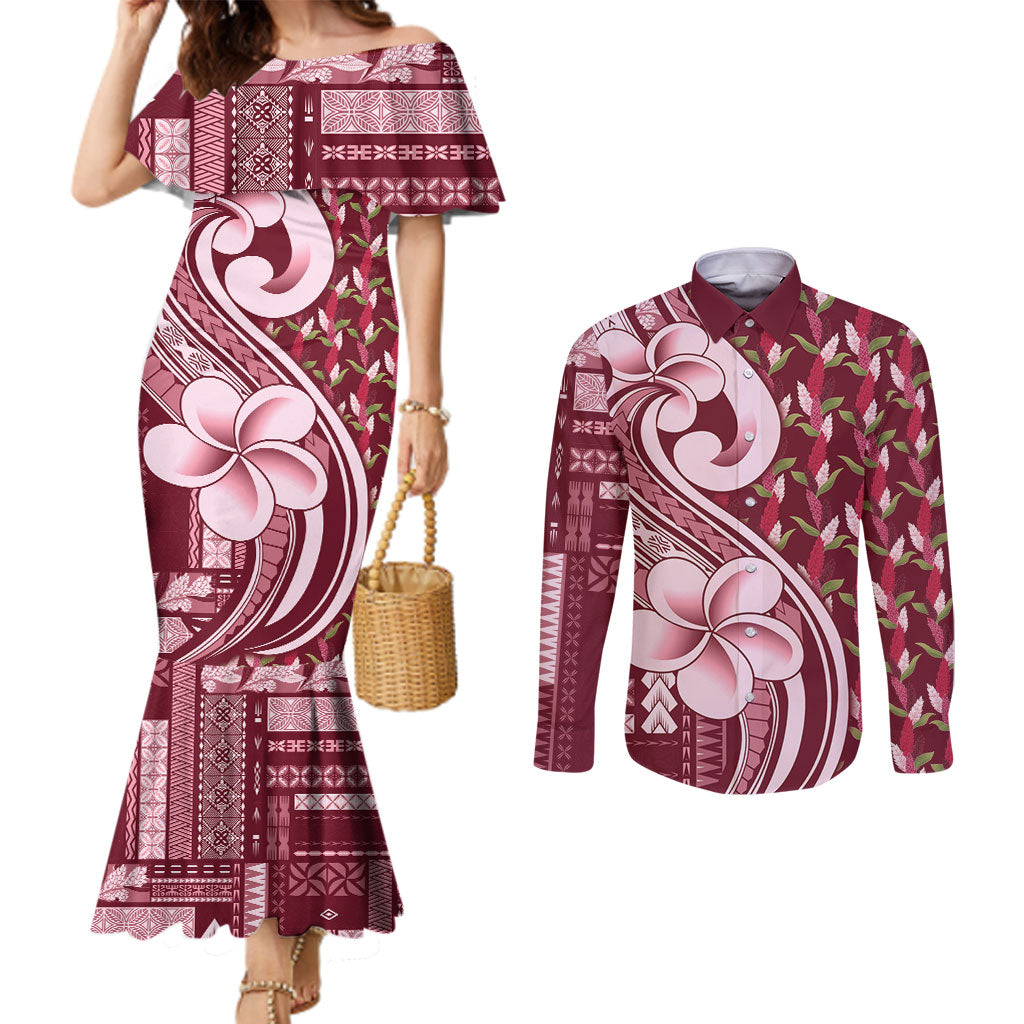 Samoa Teuila Couples Matching Mermaid Dress and Long Sleeve Button Shirt Maroon Samoan Siapo Motifs LT05 Maroon - Polynesian Pride