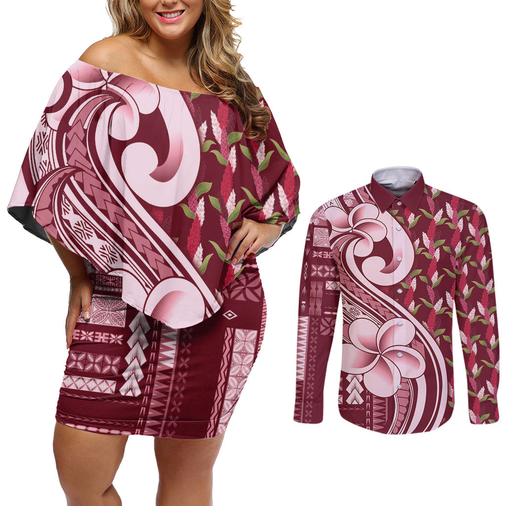 Samoa Teuila Couples Matching Off Shoulder Short Dress and Long Sleeve Button Shirt Maroon Samoan Siapo Motifs LT05 Maroon - Polynesian Pride