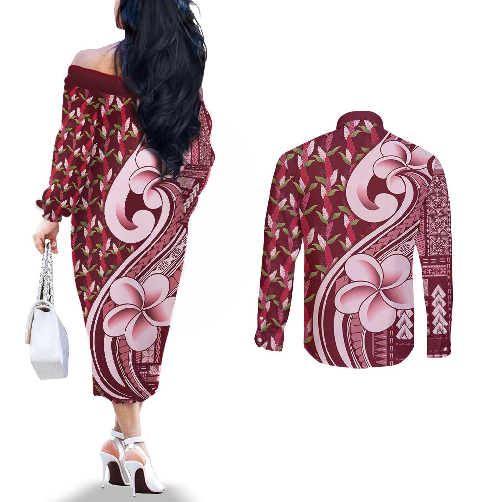 Samoa Teuila Couples Matching Off The Shoulder Long Sleeve Dress and Long Sleeve Button Shirt Maroon Samoan Siapo Motifs