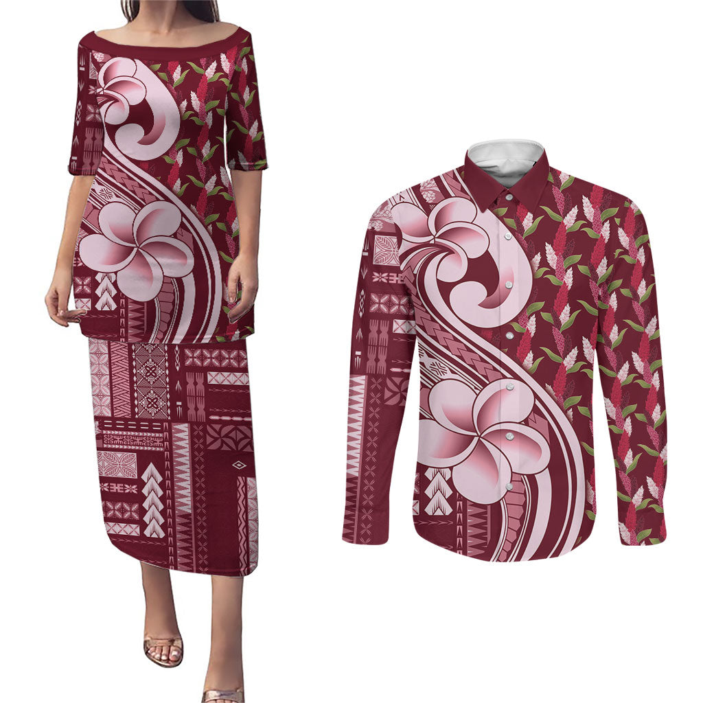 Samoa Teuila Couples Matching Puletasi and Long Sleeve Button Shirt Maroon Samoan Siapo Motifs LT05 Maroon - Polynesian Pride
