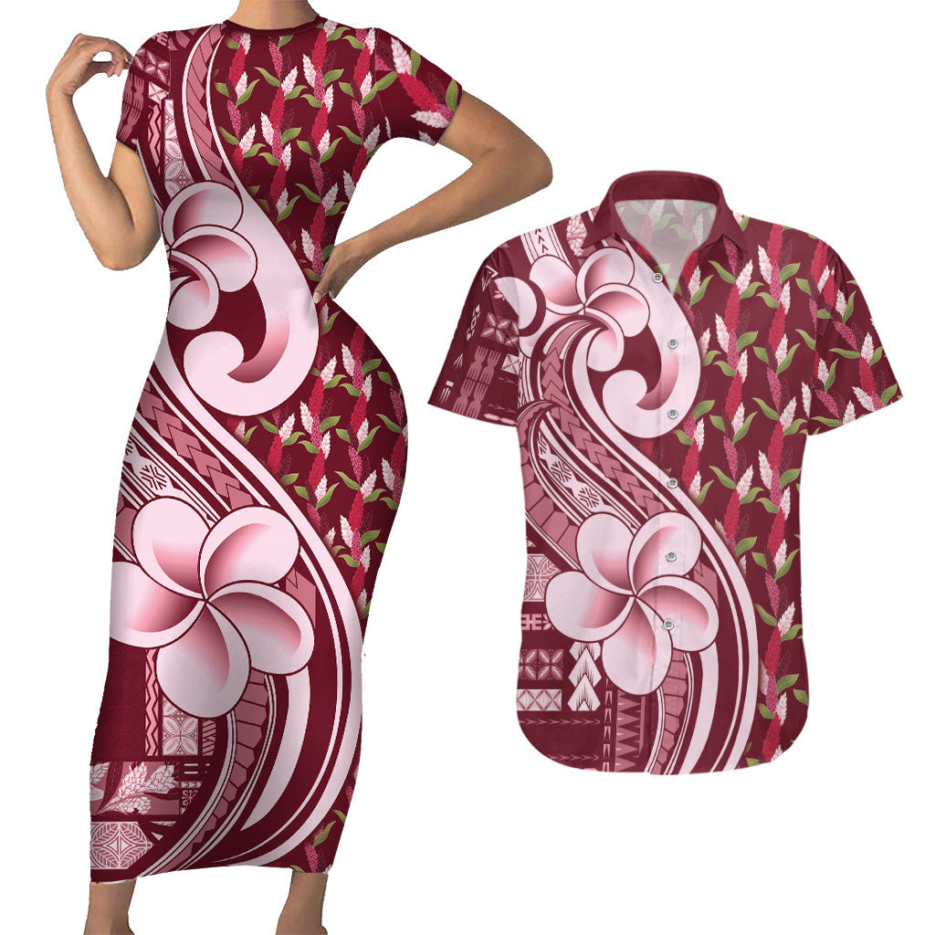 Samoa Teuila Couples Matching Short Sleeve Bodycon Dress and Hawaiian Shirt Maroon Samoan Siapo Motifs LT05 Maroon - Polynesian Pride