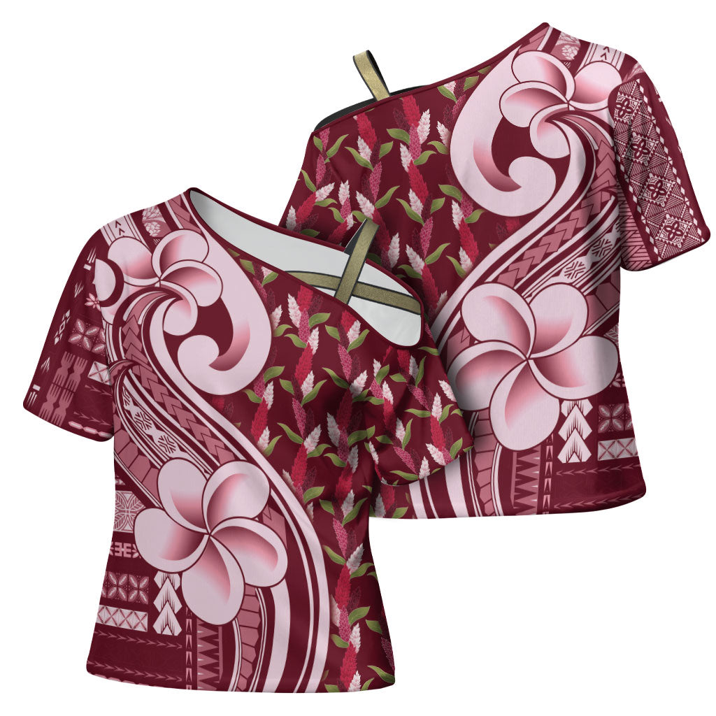 Samoa Teuila Cross Shoulder Shirt Maroon Samoan Siapo Motifs