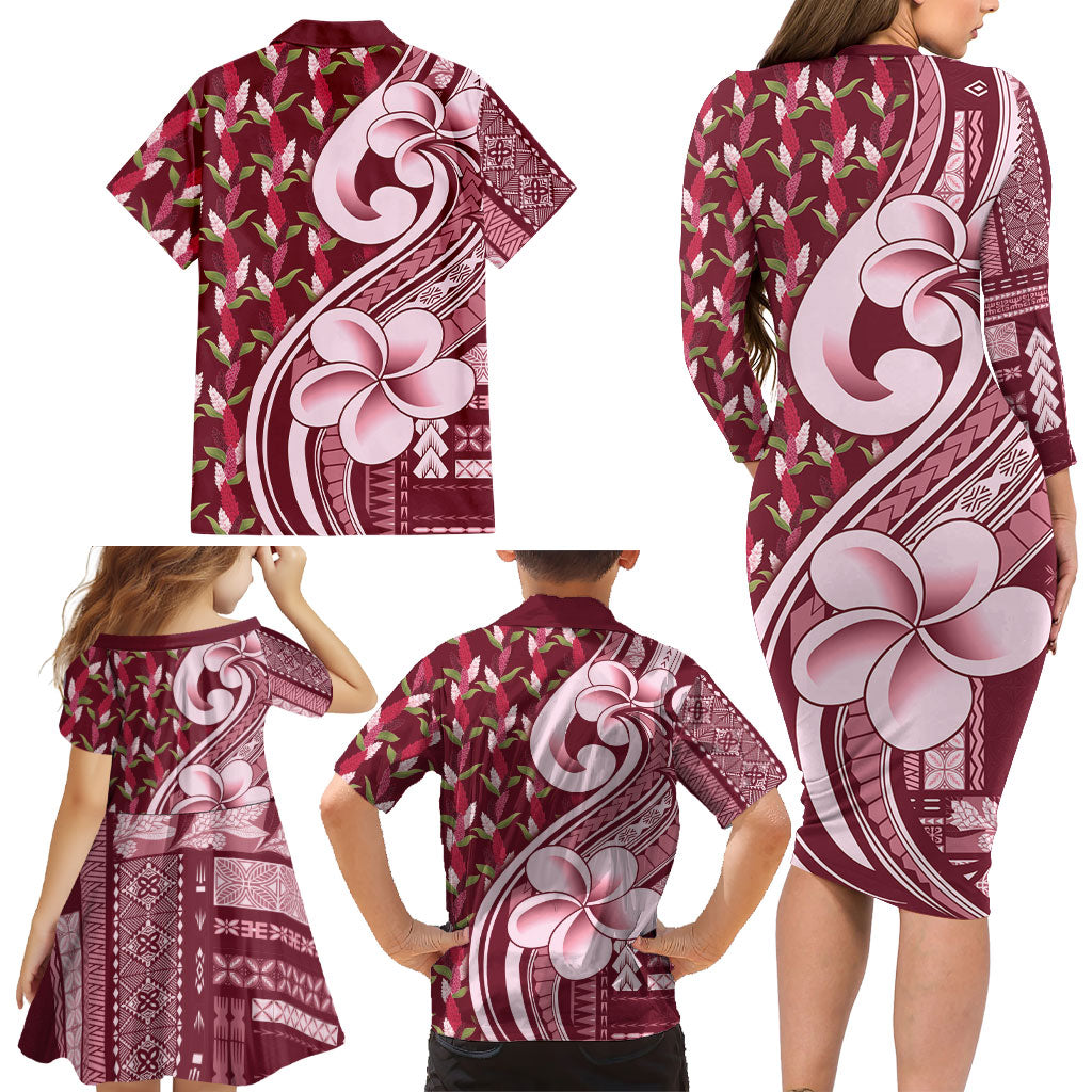 Samoa Teuila Family Matching Long Sleeve Bodycon Dress and Hawaiian Shirt Maroon Samoan Siapo Motifs