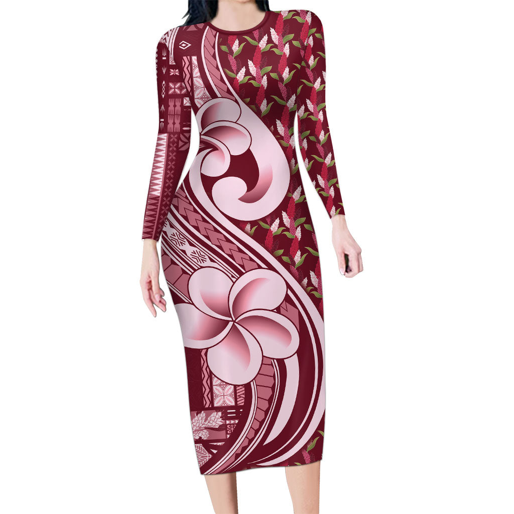 Samoa Teuila Family Matching Long Sleeve Bodycon Dress and Hawaiian Shirt Maroon Samoan Siapo Motifs