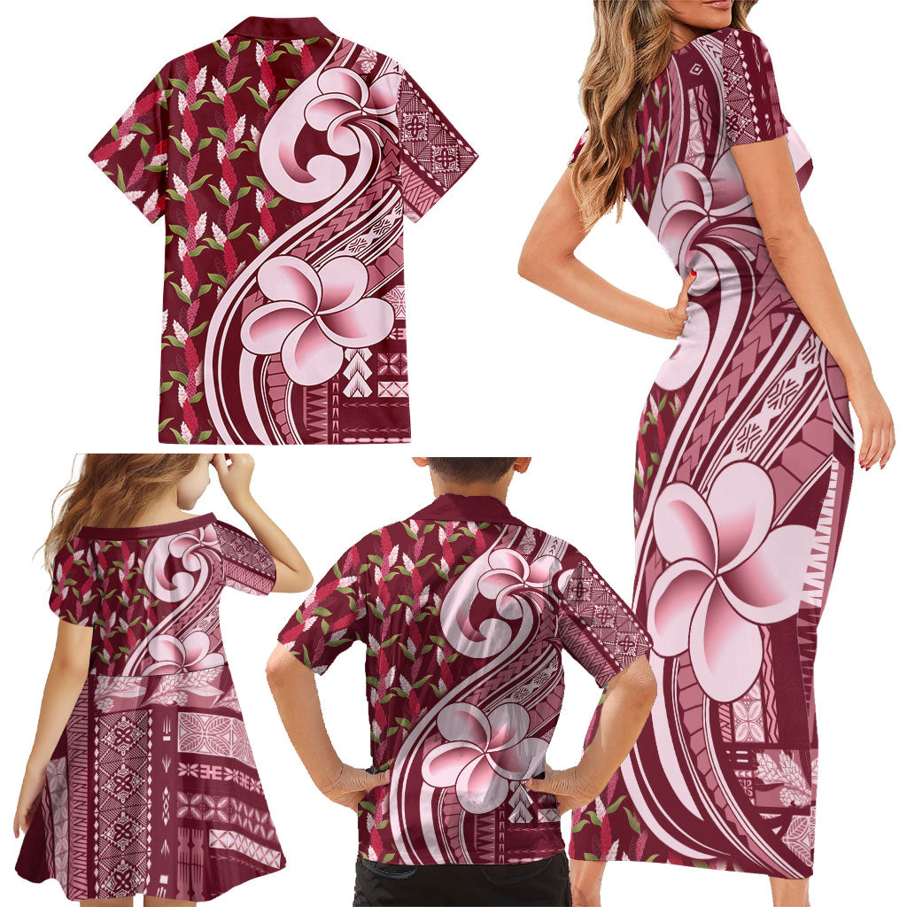 Samoa Teuila Family Matching Short Sleeve Bodycon Dress and Hawaiian Shirt Maroon Samoan Siapo Motifs
