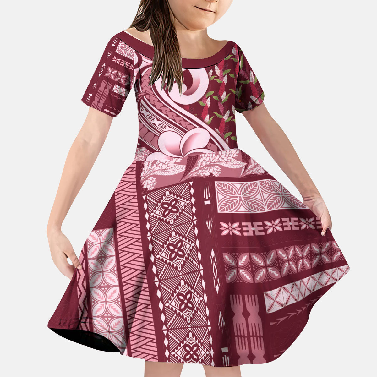 Samoa Teuila Kid Short Sleeve Dress Maroon Samoan Siapo Motifs LT05 KID Maroon - Polynesian Pride