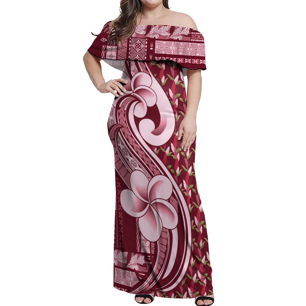 Samoa Teuila Off Shoulder Maxi Dress Maroon Samoan Siapo Motifs