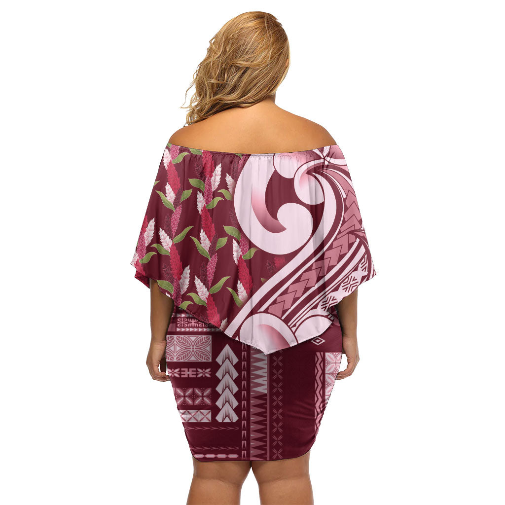 Samoa Teuila Off Shoulder Short Dress Maroon Samoan Siapo Motifs