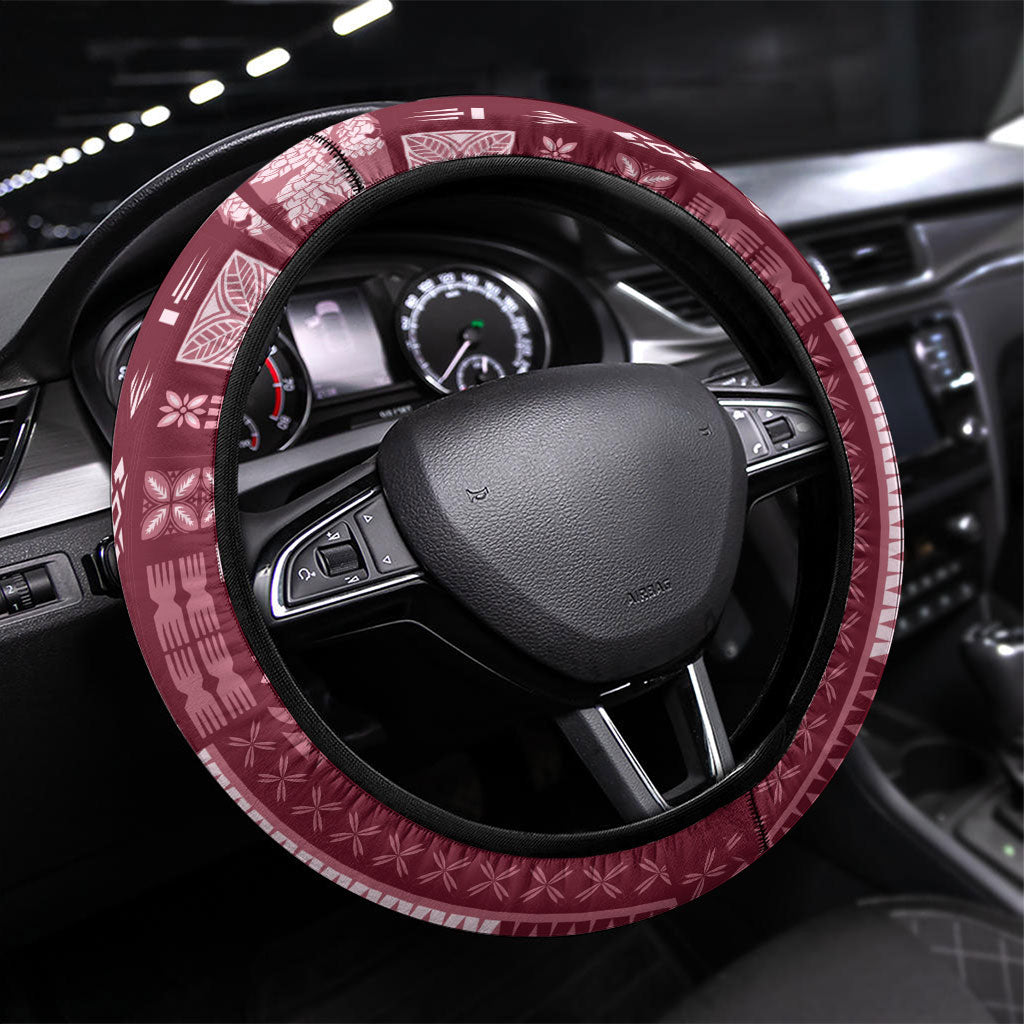 Samoa Teuila Steering Wheel Cover Maroon Samoan Siapo Motifs LT05 Universal Fit Maroon - Polynesian Pride