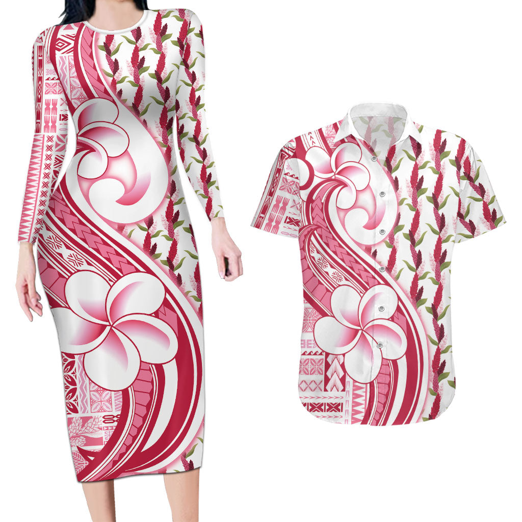 Samoa Teuila Couples Matching Long Sleeve Bodycon Dress and Hawaiian Shirt White Samoan Siapo Motifs