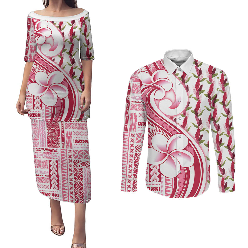 Samoa Teuila Couples Matching Puletasi and Long Sleeve Button Shirt White Samoan Siapo Motifs