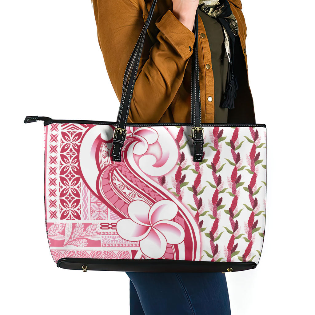 Samoa Teuila Leather Tote Bag White Samoan Siapo Motifs