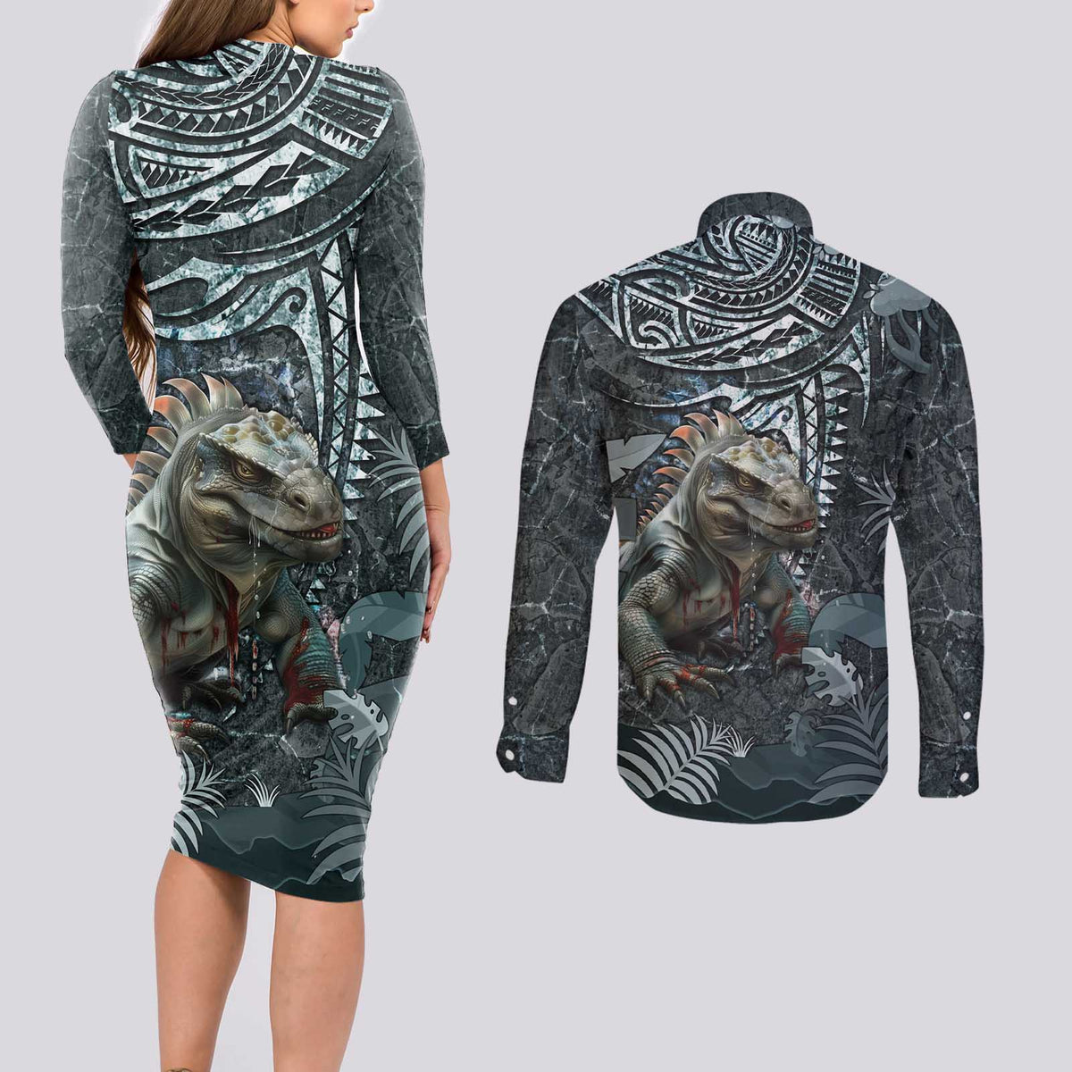 Hawaii Mo'o Lizard God Couples Matching Long Sleeve Bodycon Dress and Long Sleeve Button Shirt Polynesian Style