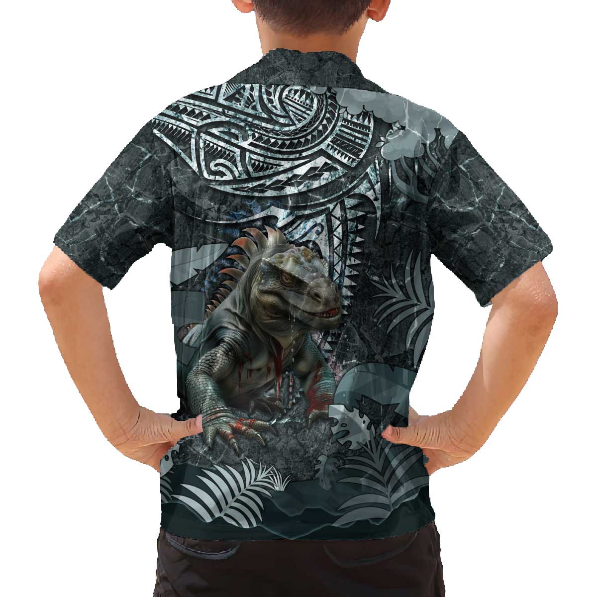 Hawaii Mo'o Lizard God Family Matching Off Shoulder Short Dress and Hawaiian Shirt Polynesian Style